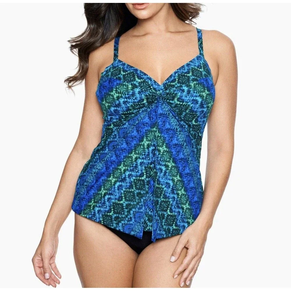 NWT Miraclesuit Tankini Top Ocean Ombre Love knot Women Size 8 blue Swimsuit